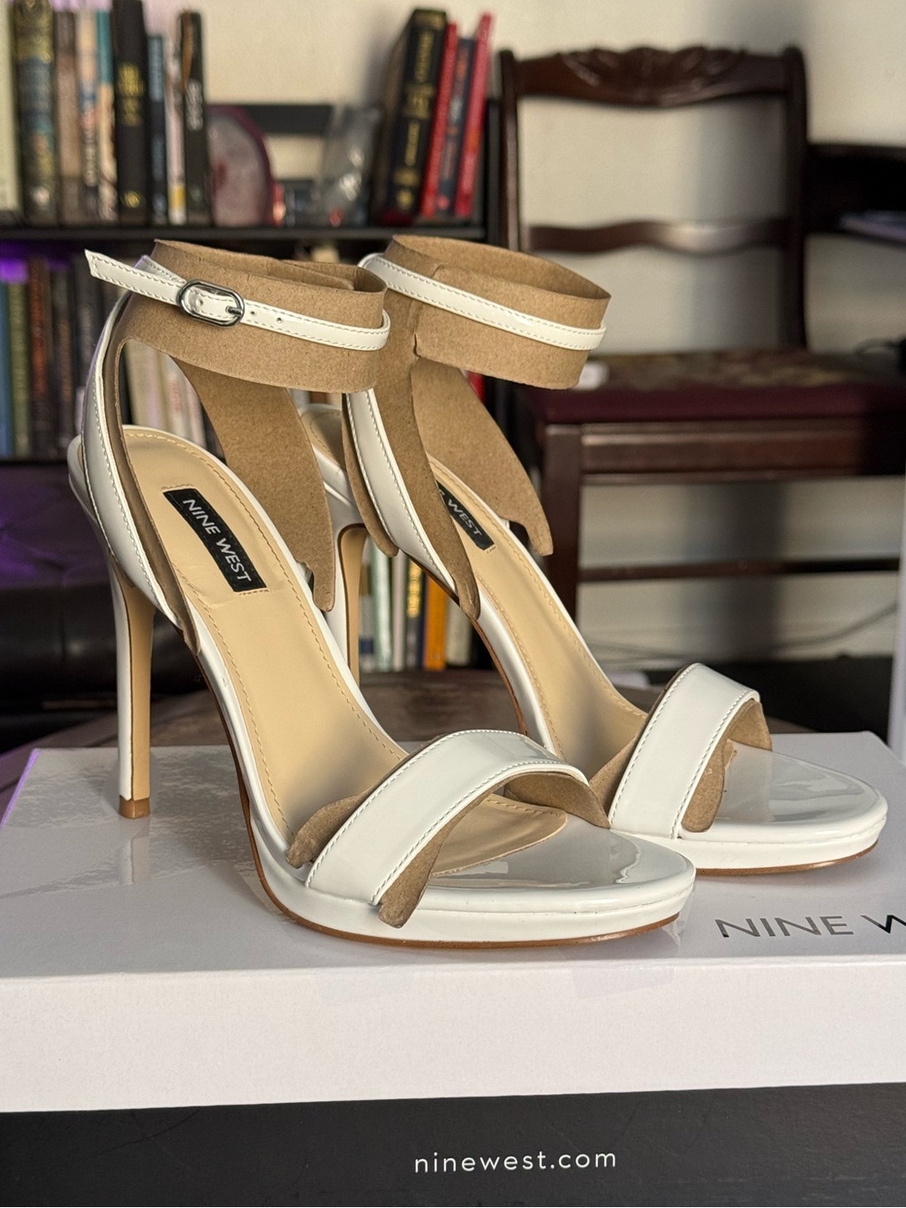 Nine West White Patent Loola Ankle-Strap Stiletto Heels